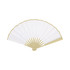 An 8-inch bamboo fabric hand fan in white with a golden frame and spokes, featuring a logo.