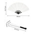 A plastic hand fan with a black handle and white blades, measuring 44 cm when opened and 24.5 cm when closed.