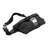 A black duffle bag with a strap and a logo, featuring a sleek design and zippered compartment.