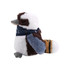 A Kookaburra plush toy in brown, white, and blue, wearing a dark blue bandana. It has a rounded shape and soft texture.