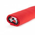 A rolled red beach towel featuring a black and white design, with a logo visible on one edge.