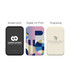 A collection of three power banks in various designs: black with a logo, patterned multicoloured, and off-white with engraving.