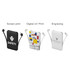 A slim power bank available in black, white, and a patterned design, featuring attached charging cables and logos.