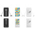 A collection of three slim power banks in black, white, and colourful designs, each with a charging cable. Each has a logo.