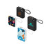 A collection of four power banks in black and white, featuring various designs and a logo on each.