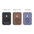 Three PU magnetic card and Airtag holders in black, brown, and lavender, each featuring a circular grip and a logo.