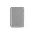 A grey PU magnetic phone card holder with a smooth texture and rounded edges, featuring a logo on the front.