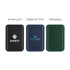 Three PU magnetic phone card holders in black, navy blue, and green, each featuring different branding designs.