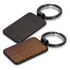 A rectangular key ring with a black metal finish and a wooden side, featuring a keychain attachment.
