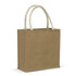 A jute tote bag in a natural brown colour with cream handles and a simple design, featuring a logo.