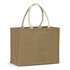 A jute tote bag in a natural brown colour with cream-coloured handles and a simple design.