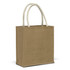 A jute tote bag in brown with cream handles. It features sturdy construction and has a logo.