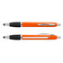 An orange plastic pen with a silver clip and grip, featuring a sleek, modern design.
