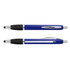 A blue plastic stylus banner pen with a textured grip and silver accents, featuring branding on the surface.