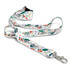 A colourful lanyard featuring various patterns and a clip for attachment, displaying a logo.