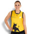 A yellow women's AFL top featuring a bull graphic and a logo, with a sporty design and black accents.
