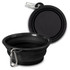 A black silicone collapsible pet bowl with a carabiner clip. The bowl is shown both expanded and collapsed.