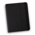 A black tablet case with a textured surface and a black elastic strap, featuring a logo.