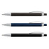 Three metal pens featuring a textured grip in black, blue, and silver, with silver accents and clip.