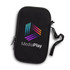 A black phone sleeve with a zip closure and a logo featuring multi-coloured diagonal stripes.