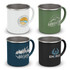 A collection of four coffee mugs in white, green, navy blue, and black, each featuring distinct logos and designs.