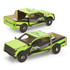 A wooden model of a green and black UTE truck, featuring intricate details and a branding logo.
