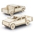 A wooden model of a UTE in a natural finish, featuring detailed design elements and a logo.