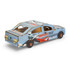A wooden model of a sedan car in blue, featuring design elements related to airport shuttle service.