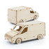 A wooden model of a van in a light natural wood finish, featuring a detailed design with wheels and windows.