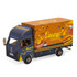 A wooden model of a small truck in blue and orange with a food truck design and a logo.