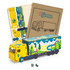 A large wooden model of a truck in bright yellow and blue with parts for assembly and a box. Includes branding.