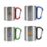 A drink bottle featuring four stainless steel insulated mugs, each with a different coloured carabiner handle: red, blue, green, and black.
