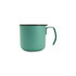 A camping mug in teal, featuring a handle and insulated design, with a black rim and branding on the side.