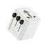 A white mini universal travel adapter with three adjustable plugs for different regions, featuring a logo.