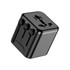 A compact black travel adapter with multiple input options and a logo, designed for international use.