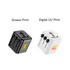 A black and a white mini universal travel adapter featuring multiple plug configurations and branding.