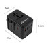 A black universal travel adapter with multiple ports and a logo, measuring 5cm by 5.5cm by 7cm.