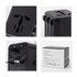 A black universal travel adapter with multiple plug types and USB ports, featuring a compact design and a logo.