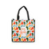 A vibrant tote bag with an abstract pattern of green, orange, red, and light blue shapes. It features a logo.