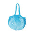A turquoise mesh grocery bag with two straps, featuring an open netted design for ventilation.