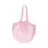 A pink mesh grocery bag with two handles and a spacious netted design.