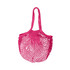 A pink mesh grocery bag with a netted design and two handles. It features a simple branding logo.