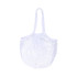 A white mesh grocery bag with two handles, featuring an open, net-like design.