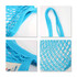 A light blue mesh grocery bag featuring woven netting and sturdy handles. The fabric is soft and flexible.