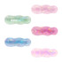 Five iridescent alligator hair clips in pastel colours, featuring shades of pink, blue, and green, with a logo.