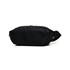 A black fanny pack with a sleek design, featuring a zip closure and an adjustable strap. It has a logo.