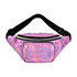 A holographic pink fanny pack with black straps and multiple zippered compartments. It features a logo on the front.