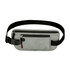 A grey fanny pack with a black strap and zippered compartments, featuring a logo.