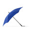 A blue umbrella with a sleek design and a black handle, featuring a logo on the handle.