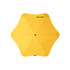 A yellow umbrella with a star-shaped canopy and a central pole. It has a logo on its surface.